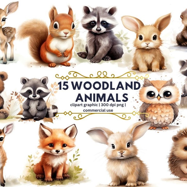 Woodland Animals Watercolor Clipart, Forest Animals Clip Art, Nursery Decor Boy Girl, Baby Animals Png, Printable Woodlands,Nursery Wall Art