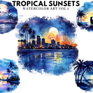 Watercolor Tropical Sunsets Clipart, Summer Clipart, Sunset Clipart, Digital Graphics,  Sublimation,  Commercial Use, Beach Clipart, Sunset