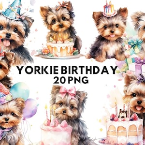 Cute Yorkie Birthday Yorkshire Terrier Watercolor Clipart PNG Illustration Cute Yorkie Printable Wall Art Puppy Pet Portrait Download