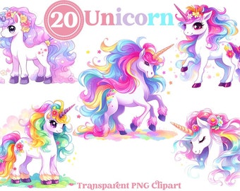 Cute Unicorn Watercolor Clipart, Unicorn Png Clip Art Bundle, Nursery Decor Boy Girl, Printable Rainbow Clip Art, Magic Unicorn Graphics