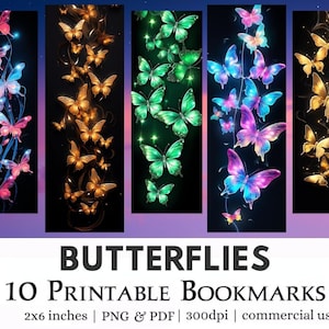 10 Butterflies Printable Bookmarks, Digital Download Bookmark Sheets PDF, Print and Cut Bookmark Set, PNG  Butterfly Bookmark Sublimation