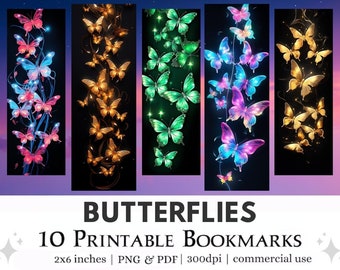 10 Butterflies Printable Bookmarks, Digital Download Bookmark Sheets PDF, Print and Cut Bookmark Set, PNG  Butterfly Bookmark Sublimation