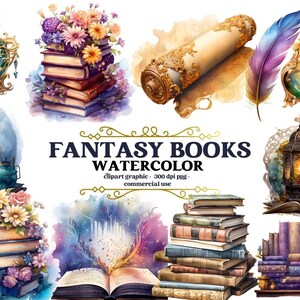 Watercolor Fantasy Books Clipart, Witch Clipart, Galaxy Wizard Book Stacks and Shelves PNG Format Instant Download For Commercial Use,