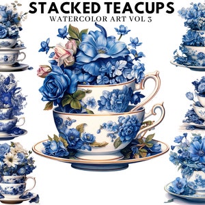 Set of 10, Watercolor Vintage Teacup Clipart, Tea Time art, Flower Teacup Png, Scrapbook, Junk Journal, Digital Art, Sublimation,Digital PNG