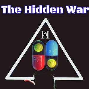 May include: Book cover with the title "The Hidden War" in blue, featuring a white triangle with a symbol and two pill capsules. The text reads "WHY NORMIES OBEY, WHY OTHERS AWAKEN, WHY PSYCHOPATHS RULE" by Connor D. Sullivan.