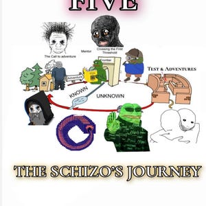 Puede incluir: Un gr&aacute;fico estilo meme con la palabra "FIVE" en la parte superior. La imagen representa un viaje con varios personajes y etiquetas de texto como "The Call to adventure", "Mentor", "Frontier", "Test & Adventures" y "The Schizo's Journey".