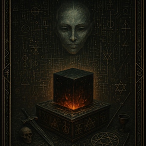 May include: A book cover with a dark background and gold accents. The title is "Technocratic Sorcery: The Rise of the Black Cube Messiah." The cover features a black cube with glowing orange light inside, a human face with a neutral expression, and various symbols.