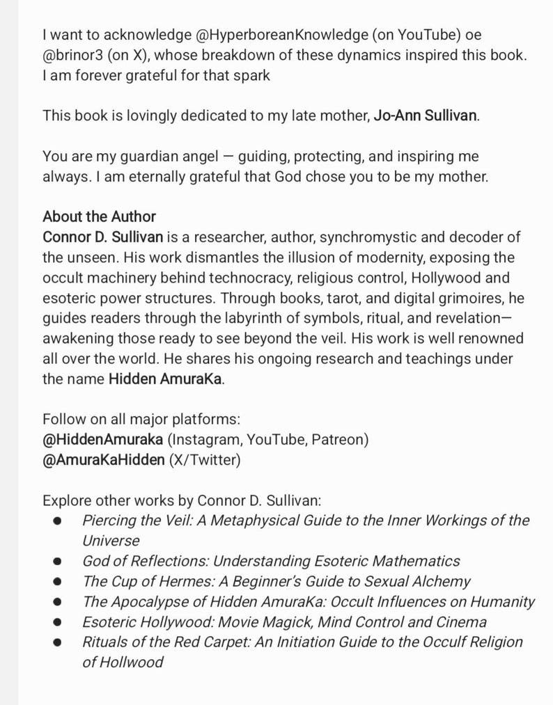 Puede incluir: Una p&aacute;gina de libro con texto, que incluye agradecimientos, una dedicatoria a Jo-Ann Sullivan y una biograf&iacute;a del autor. El autor, Connor D. Sullivan, se describe como investigador y descifrador. El texto incluye identificadores de redes sociales y una lista de otras obras.