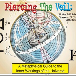 May include: An illustrated book cover with the title "Piercing The Veil" in red and green. The cover features a globe with astrological symbols and the text "A Metaphysical Guide to the Inner Workings of the Universe."