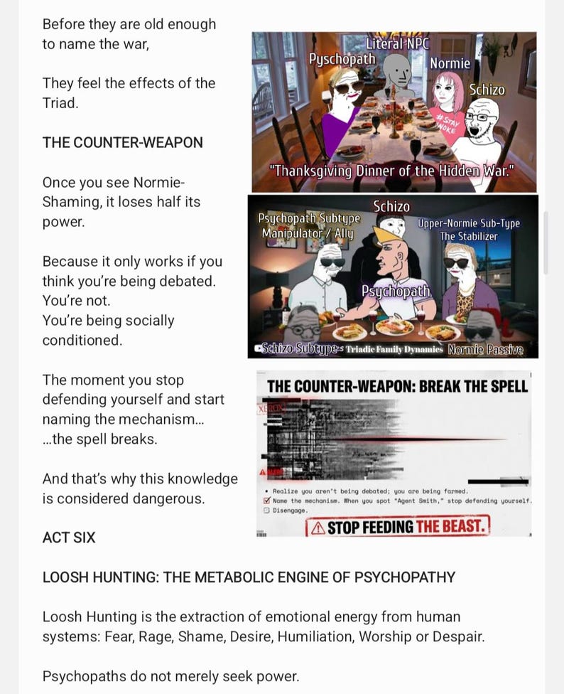 Puede incluir: Imagen estilo meme con texto e ilustraciones. El texto discute la 'Tr&iacute;ada' y 'El Contra-Arma'. La imagen incluye ilustraciones de personas en una mesa y un letrero de advertencia que dice 'Deja de alimentar a la bestia'.