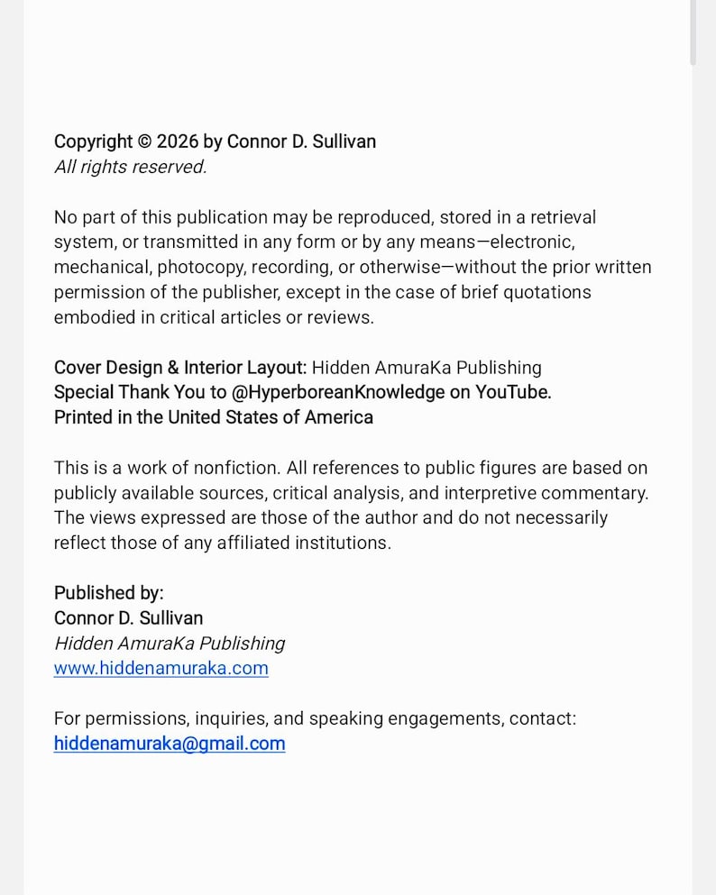 Puede incluir: Una p&aacute;gina blanca con texto negro que detalla informaci&oacute;n de derechos de autor, detalles de publicaci&oacute;n e informaci&oacute;n de contacto. El texto incluye el a&ntilde;o de copyright 2026, el autor Connor D. Sullivan y la editorial Hidden AmuraKa Publishing. Tambi&eacute;n se incluye un sitio web y una direcci&oacute;n de correo electr&oacute;nico.