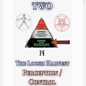 Puede incluir: Un gr&aacute;fico con la palabra "TWO" en la parte superior, que presenta un diagrama con las palabras "PSYCHOPATHS", "NORMIES" y "SCHIZOS". Tambi&eacute;n se muestra el texto "THE LOOSH HARVEST" y "PERCEPTION / CONTROL". Una flecha roja apunta a "MOST VALUABLE EXTRACTION POINT".