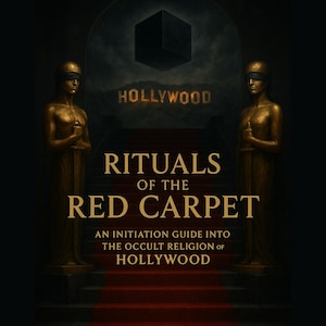 Op de afbeelding: Boekomslag met een donker, mysterieus thema. De titel "Rituals of the Red Carpet" staat prominent in beeld, met het woord "Hollywood" erboven. Twee gouden beelden flankeren de titel. De naam van de auteur staat onderaan.