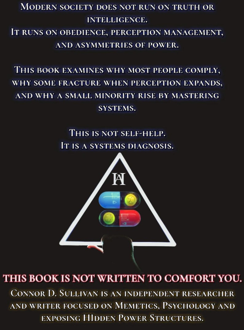 Puede incluir: Portada de libro con texto sobre sociedad, inteligencia y sistemas. La portada presenta un tri&aacute;ngulo blanco con una "H" estilizada en su interior, y dos c&aacute;psulas de pastillas, una azul y amarilla, la otra roja y amarilla. Tambi&eacute;n se incluye el nombre del autor, Connor D. Sullivan.