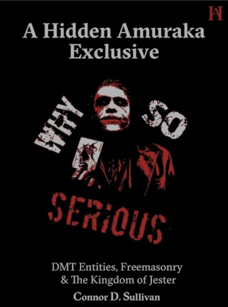 May include: Black book cover with the text "A Hidden Amuraka Exclusive." The image features a stylized portrait of a person with white face paint and red lipstick. The words "WHY SO SERIOUS" are also displayed.