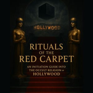 Puede incluir: Portada de libro con un tema oscuro y misterioso. El título "Rituals of the Red Carpet" se muestra de forma destacada, con la palabra "Hollywood" encima. Dos estatuas doradas flanquean el título. El nombre del autor está en la parte inferior.