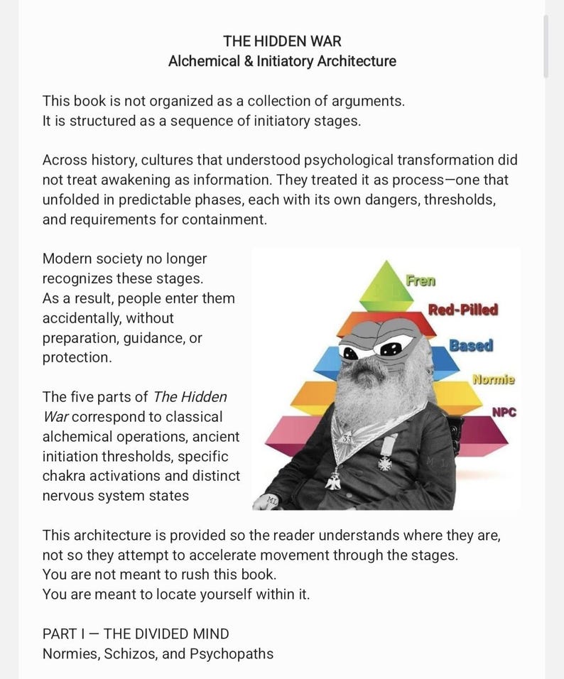 Puede incluir: Portada del libro "THE HIDDEN WAR: Alchemical & Initiatory Architecture". Presenta texto y un gr&aacute;fico de una pir&aacute;mide con un personaje de dibujos animados. El texto describe etapas inici&aacute;ticas y transformaci&oacute;n psicol&oacute;gica.