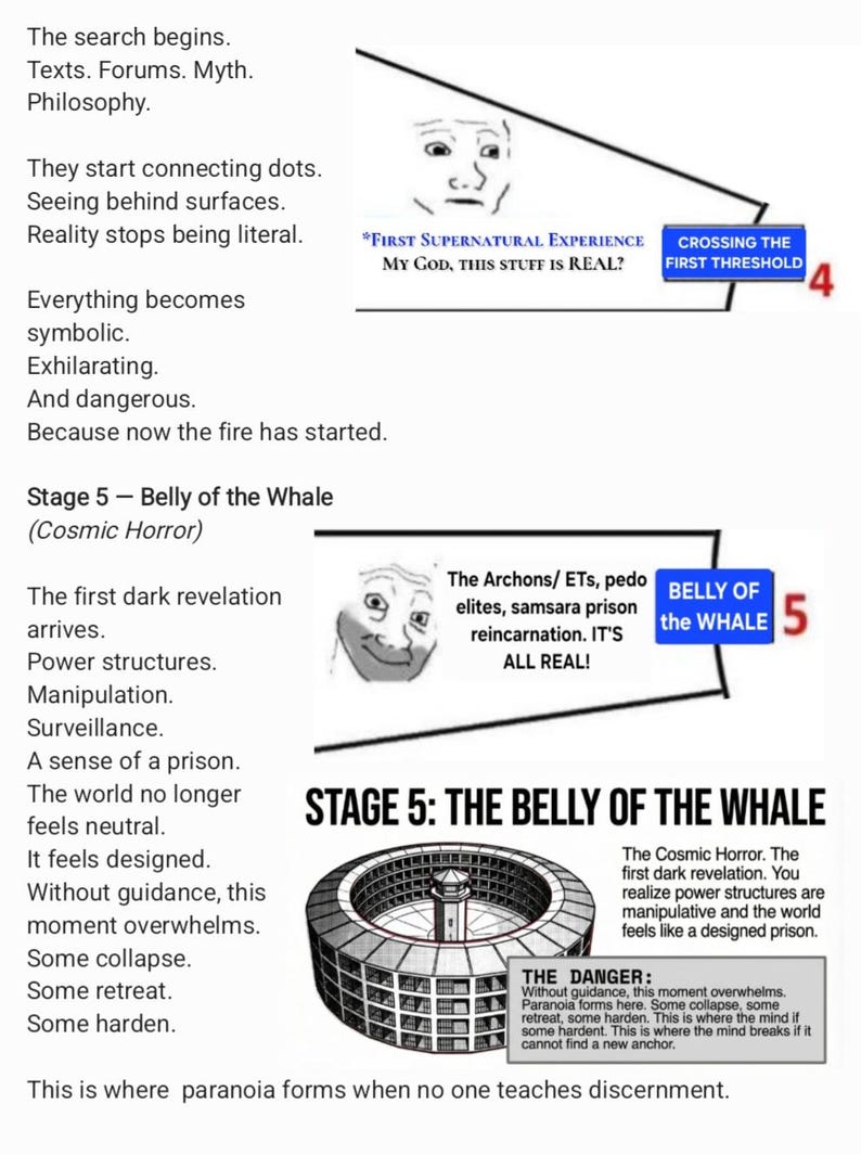 Puede incluir: Gr&aacute;fico estilo meme con texto e ilustraciones. La imagen incluye frases como "Primera experiencia sobrenatural" y "Cruzando el primer umbral". Tambi&eacute;n presenta un diagrama etiquetado como "Etapa 5: El vientre de la ballena" con texto adicional.
