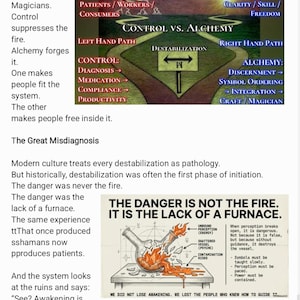 Puede incluir: Una infograf&iacute;a con texto e ilustraciones sobre el control versus la alquimia. La imagen incluye un diagrama con dos caminos, uno etiquetado como "Control" y el otro como "Alquimia". Tambi&eacute;n se representa un matraz roto con llamas, junto con el texto "El peligro no es el fuego. Es la falta de un horno."