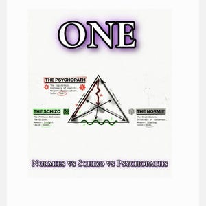 Puede incluir: Un gr&aacute;fico con la palabra "ONE" encima de un diagrama triangular. El diagrama est&aacute; etiquetado como "Normies vs Schizo vs Psychopaths" e incluye descripciones para cada grupo, con texto y s&iacute;mbolos codificados por colores. La combinaci&oacute;n de colores incluye rojo, verde y gris.