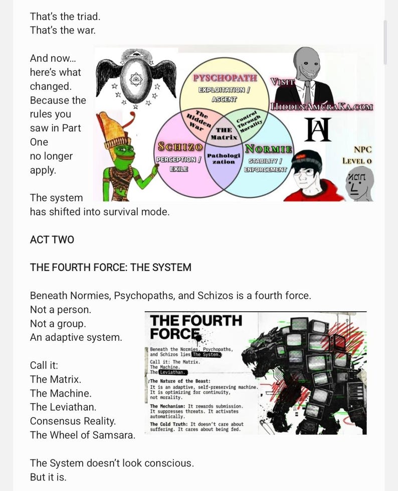 Puede incluir: Una ilustraci&oacute;n gr&aacute;fica con texto y diagramas. La imagen incluye un diagrama de Venn con c&iacute;rculos superpuestos etiquetados como "Psic&oacute;pata", "Esquizo" y "Normie". Otro texto incluye "La Cuarta Fuerza" y "La Matriz."