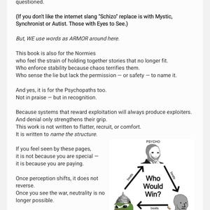 Puede incluir: Imagen de texto de un libro, que trata sobre los roles sociales y las percepciones. El texto va acompa&ntilde;ado de un gr&aacute;fico de meme que muestra un tri&aacute;ngulo con las palabras "PSYCHO", "SCHIZO" y "NORMIE", con la pregunta "Who Would Win?" en el centro.