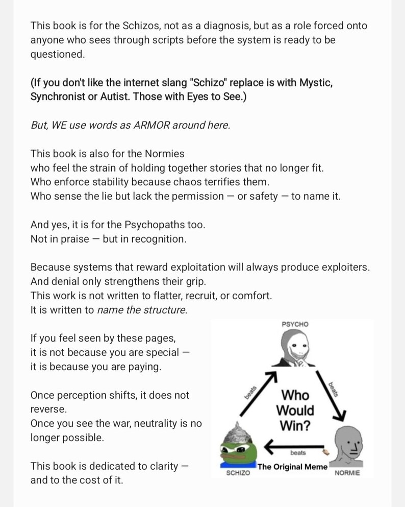 Puede incluir: Imagen de texto de un libro, que trata sobre los roles sociales y las percepciones. El texto va acompa&ntilde;ado de un gr&aacute;fico de meme que muestra un tri&aacute;ngulo con las palabras "PSYCHO", "SCHIZO" y "NORMIE", con la pregunta "Who Would Win?" en el centro.