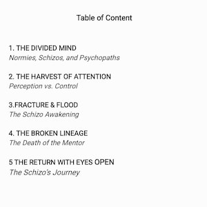 Puede incluir: Una p&aacute;gina blanca con el t&iacute;tulo "Table of Content" y cinco secciones numeradas. Las secciones incluyen t&iacute;tulos como "THE DIVIDED MIND" y "THE HARVEST OF ATTENTION", con subt&iacute;tulos.