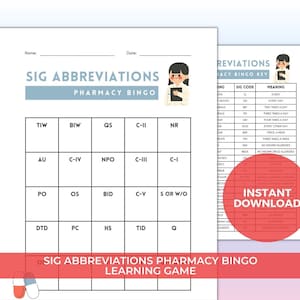 Gioco del Bingo delle Abbreviazioni di Farmacia Sig - 30 carte + chiave delle risposte per tecnici di farmacia, studenti di farmacia e altri / Download immediato