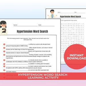 Hypertension Word Search | Pharmacology Learning Aid | Printable PDF | Pharmacy School Study Aid | Nursing Student Learning