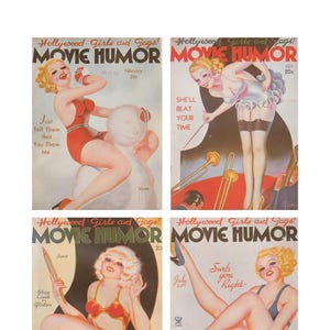 Könnte beinhalten: Vier Vintage-Magazincover mit Pin-up-Illustrationen von Frauen in verschiedenen Posen. Jedes Cover trägt den Titel "Hollywood Girls and Gags! Movie Humor" mit einem anderen Monat und Jahr.