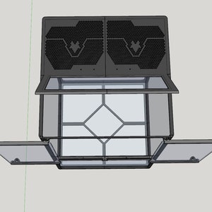 May include: A black metal display case with a glass top and two glass doors. The case has a geometric pattern on the front and a honeycomb pattern on the top.
