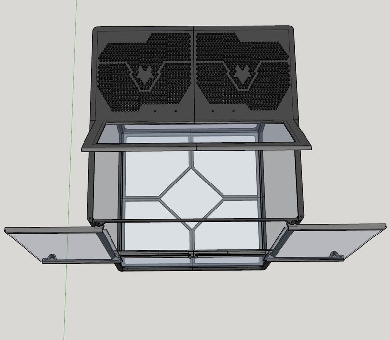 May include: A black metal display case with a glass top and two glass doors. The case has a geometric pattern on the front and a honeycomb pattern on the top.