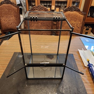 May include: A black glass terrarium with a hinged top and removable sides. The terrarium is made of clear glass and has a black metal frame. The terrarium is sitting on a wooden table.