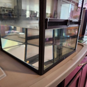 May include: A black framed glass terrarium with a black mesh screen on the top. The terrarium is filled with water and is sitting on a gray surface.