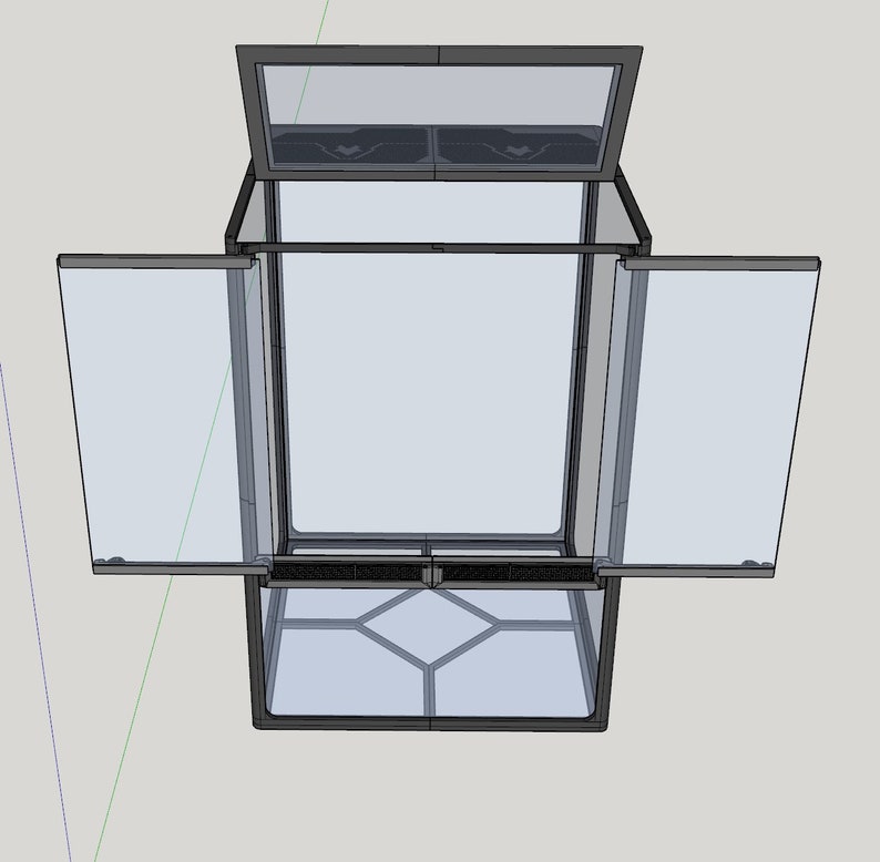 May include: A clear glass terrarium with a black metal frame. The top of the terrarium is open and the sides are hinged and open. The terrarium has a black metal base with a grid pattern.