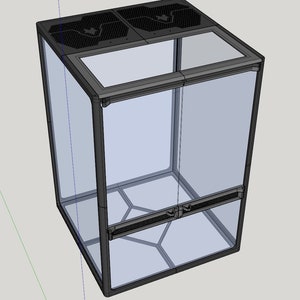 May include: A clear glass terrarium with a black metal frame. The terrarium has a black mesh top and a black mesh shelf in the middle.