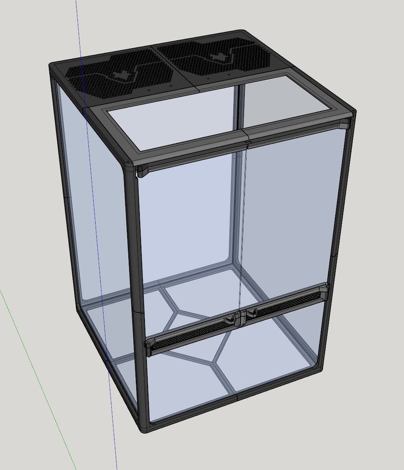 May include: A clear glass terrarium with a black metal frame. The terrarium has a black mesh top and a black mesh shelf in the middle.