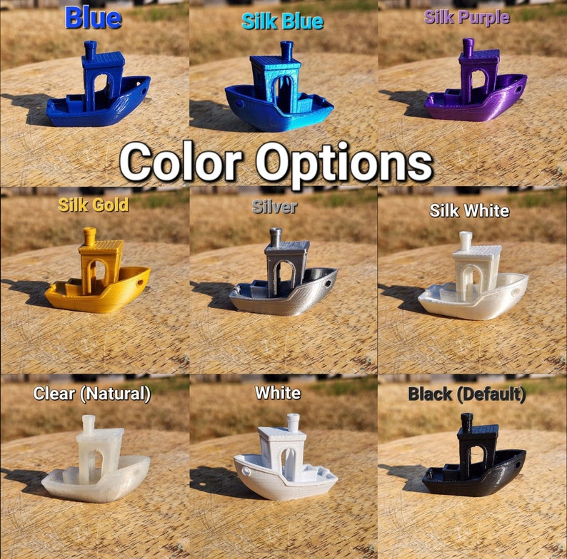 May include: Color options for a small 3D printed boat model. The boat is available in blue, silk blue, silk purple, silk gold, silver, silk white, clear, white, and black.