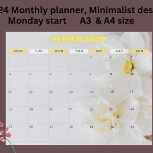 2024 Digital Monthly Calendar - Downloadable A3 & A4 PDF Planner - Monday Start