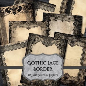 Documenti di diario spazzatura con bordo in pizzo gotico, pagina di album vittoriano, pagina di diario Dark Fantasy, carta stampabile floreale, download digitale
