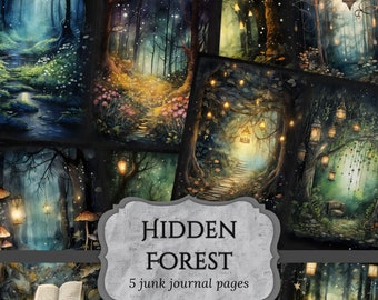 Hidden Forest Junk Journal Pages, Fantasy Woodland Scrapbook Page, Lights Journal Page, Printable Paper, Collage Sheet, Digital Download