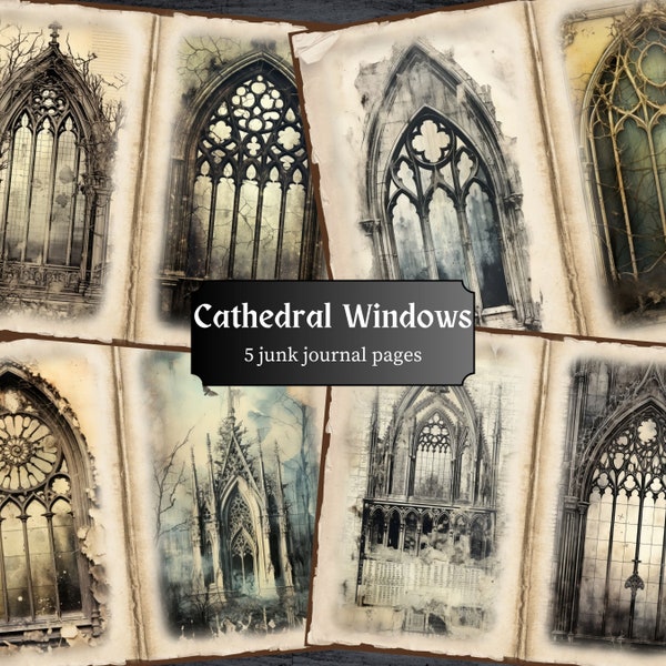 Cathedral Window Junk Journal Pages, Dark Fantasy Scrapbook Page, Gothic Journal Pages, Printable Paper, Collage Sheet, Digital Download
