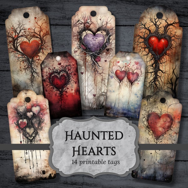 Haunted Hearts Junk Journal Tags, Valentine's Day Printable Ephemera, Dark Love Scrapbook Supplies, Collage Tag Sheet, Digital Download