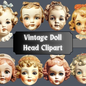 Vintage Doll Head Clipart, Antique Doll Clip Art, Collage PNG Bundle, Retro Head Graphics, Scrapbook, Junk Journal, Digital Download image 1