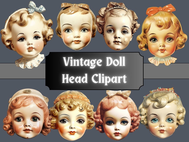 Vintage Doll Head Clipart, Antique Doll Clip Art, Collage PNG Bundle, Retro Head Graphics, Scrapbook, Junk Journal, Digital Download image 1