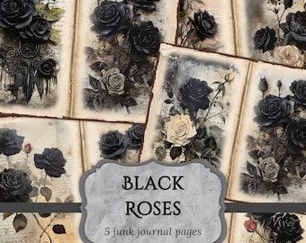 Black Roses Junk Journal Pages, Gothic Scrapbooking Page, Floral Vintage Journal Pages, Printable Paper, Collage Sheet Digital Download