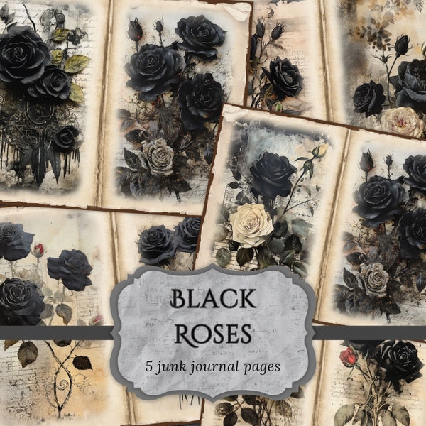 Páginas de diario basura de rosas negras, página de Scrapbooking gótico, páginas de diario Vintage Floral, papel imprimible, descarga Digital de hoja de Collage