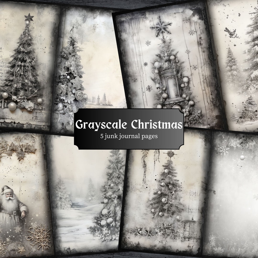 Grayscale Christmas Junk Journal Pages, Black and White Xmas Scrapbook ...