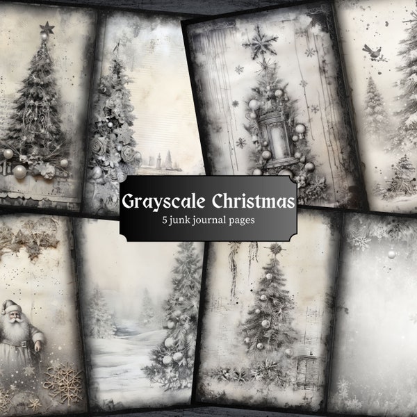 Grayscale Christmas Junk Journal Pages, Black and White Xmas Scrapbook Page, Journal Page, Printable Paper, Collage Sheet, Digital Download